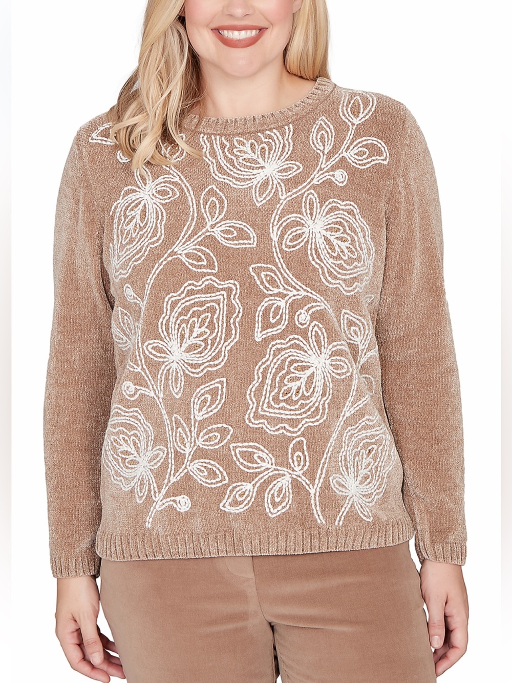 NWT Alfred Dunner Vienna Mo Brown Chenille
Embroidered Floral Leaf Sweater XL
